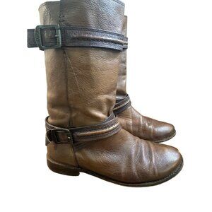 Frye Boots Paige Trapunto Women's 8 B shoes brown Leather Buckle Mid Calf 76115